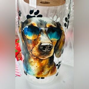 NEW So Cool Watercolor Dachshund Glass Cup w/Bamboo Lid & Glass Straw